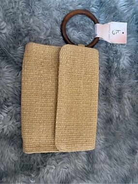 Handheld Straw Clutch with Wooden Ring Handle - Happily Grey